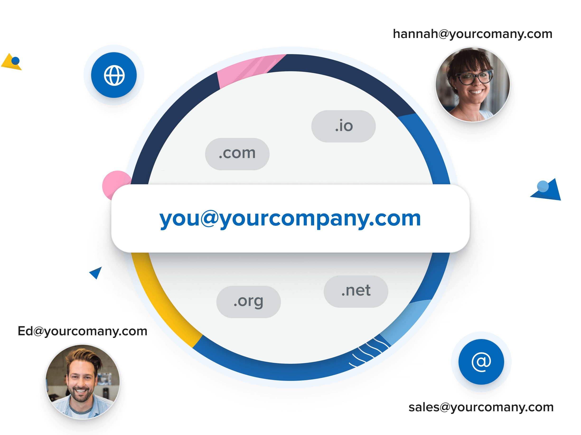 A decorative image showing examples of email addresses with custom domains, including: you@yourcompany.com, ed@yourcompany.com, hannah@yourcompany.com, sales@yourcompany.com